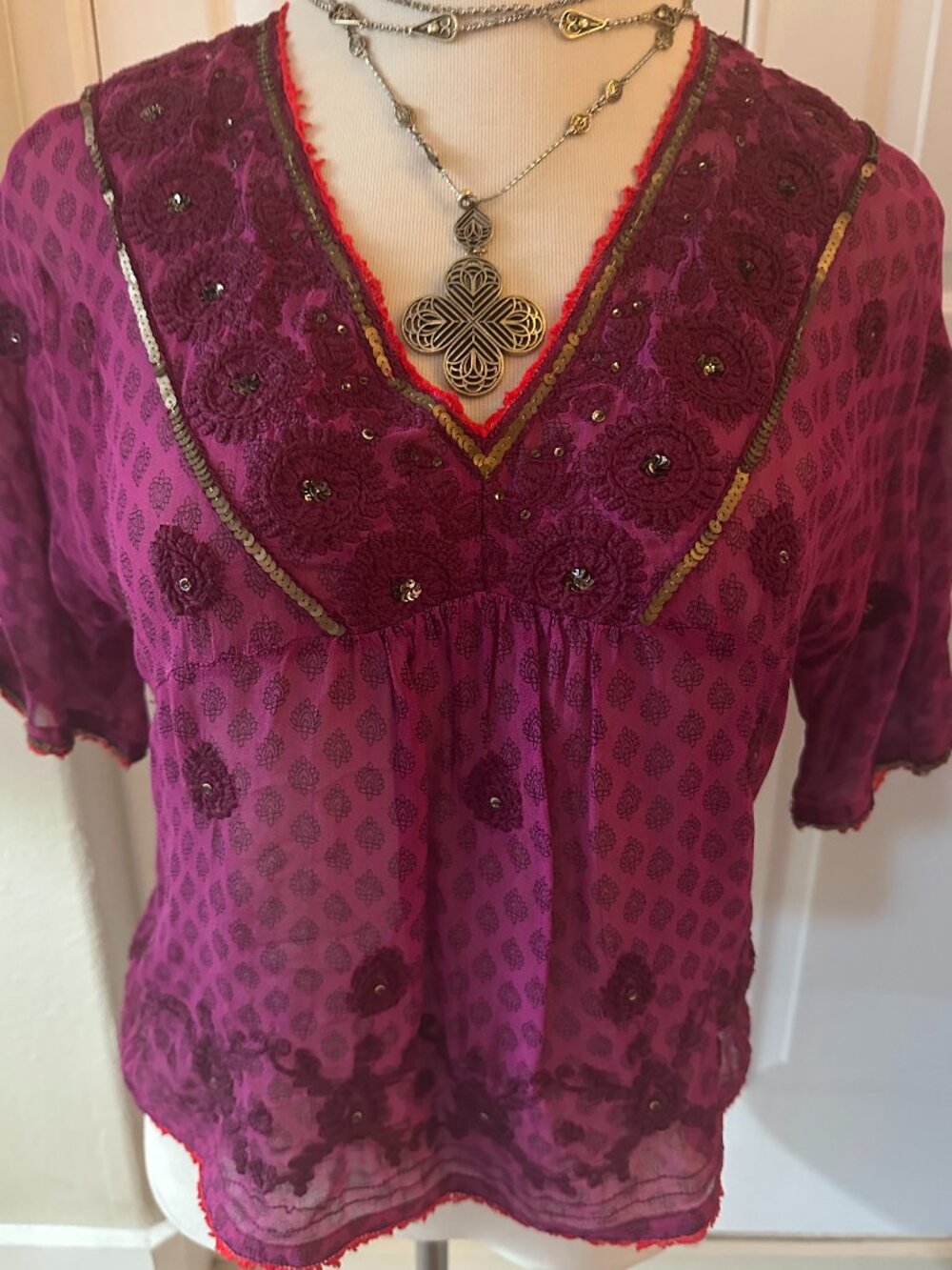 Vintage 90s Monsoon Berry Pink Beaded Boho Blouse Size UK 16